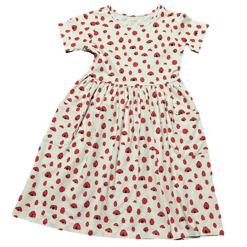 Quince Girl Dress Size 8 Organic Cotton Fit and Flare Pocket Dress Lady Bug EUC